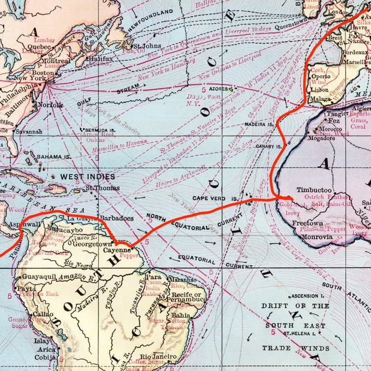 Sailing route from Europe to Carribean